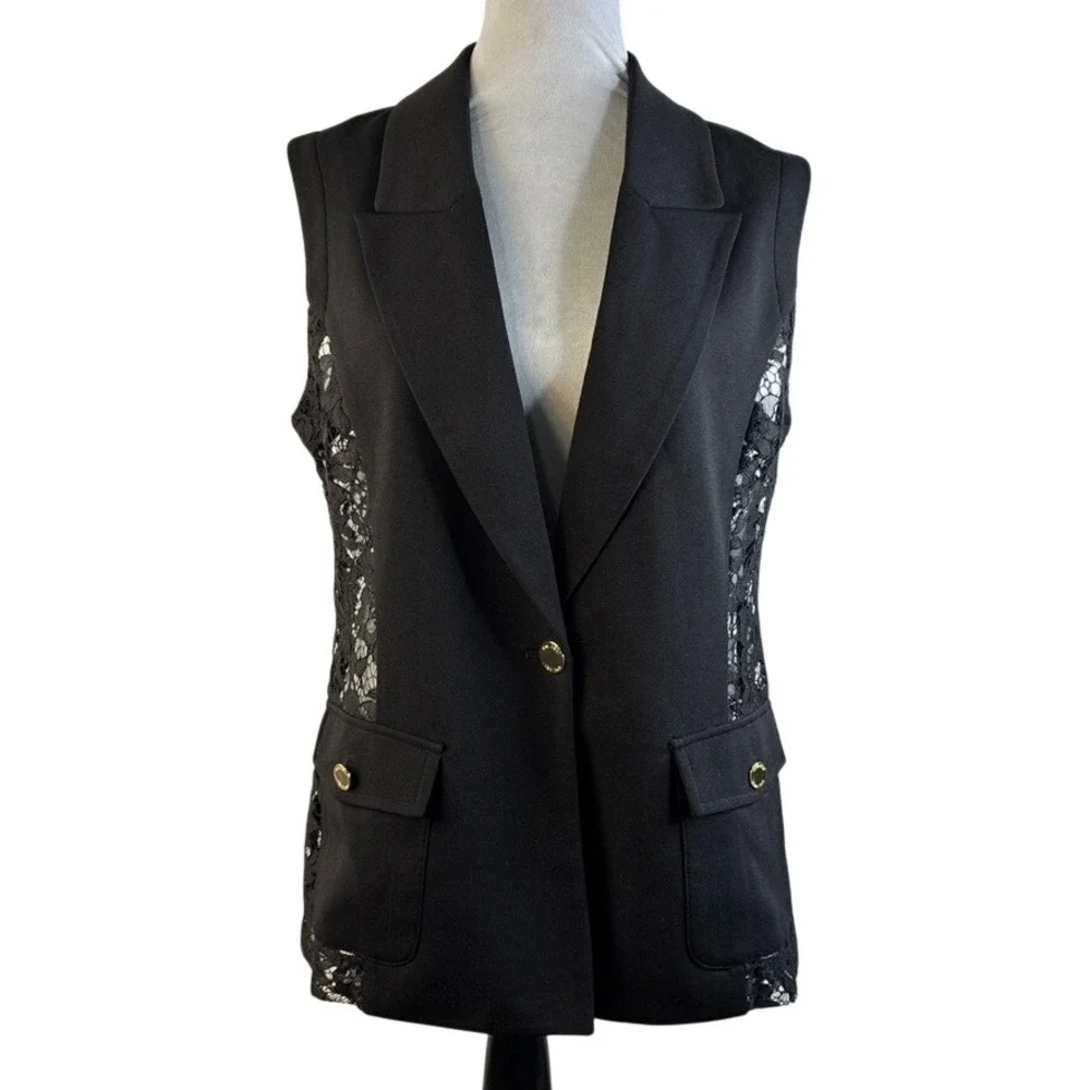 Nine West Womens Black Lace Back Sleeveless Blazer Vest Gold Button Size Large - Picture 2 of 16
